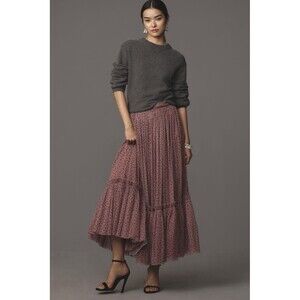 By Anthropologie Tiered Tulle Maxi Skirt Pink Pull on Dot Printed Sheer New S